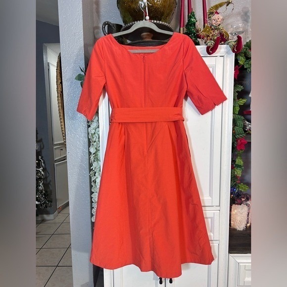 Small Coral Orange Modest Belted High Neck Dress Short sleeve - Picture 8 of 11